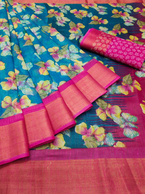 NAYANA CREATION Printed Bollywood Linen Saree(Multicolor)