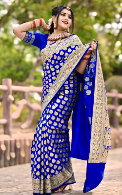 Ansari Fabrics Embellished Banarasi Satin Saree(Blue)