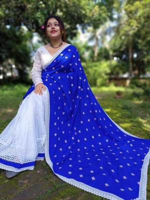 Ahana pal Self Design Bollywood Cotton Silk Saree(White, Blue)