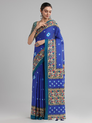 Tasrika Printed Ikkat Cotton Blend Saree(Blue)