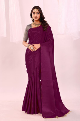 Suali Solid/Plain Bollywood Satin Saree(Purple)