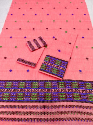 SARITA SILK MILS Woven, Geometric Print, Self Design Mekhela Chador Cotton Blend Saree(Pink)