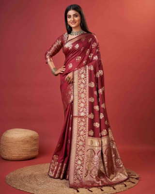 PHEASANT Woven, Embellished Kanjivaram Pure Silk Saree(Maroon)