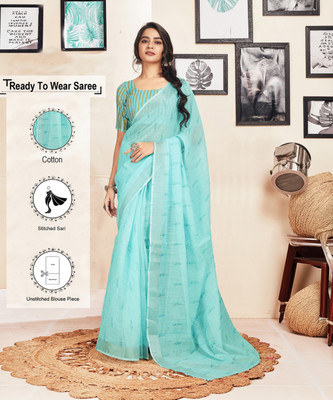 SIRIL Printed Jamdani Pure Cotton Saree(Light Blue)