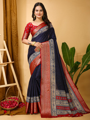 Divastri Printed Tant Cotton Silk Saree(Dark Blue)