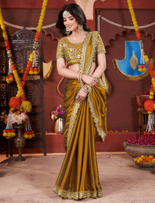 DESTY Embellished Bollywood Silk Blend, Pure Silk Saree(Mustard)