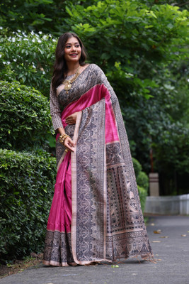 Tasrika Printed Kalamkari Tussar Silk Saree(Pink)