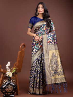 Tasrika Woven Kanjivaram Cotton Linen Saree(Dark Blue)