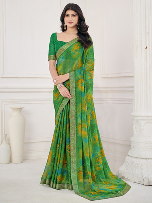 Divastri Floral Print Bollywood Chiffon Saree(Green)