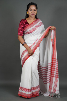DRAPERIA Woven, Solid/Plain Handloom Pure Cotton Saree(White, Red)
