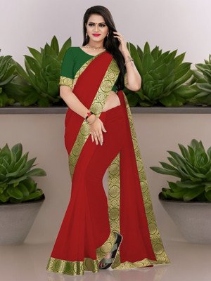 Volmina Solid/Plain Chanderi Cotton Blend Saree(Red)