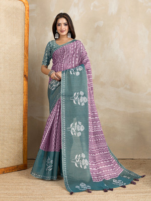 TRINETRA STUDIO Printed, Floral Print, Geometric Print Bollywood Silk Blend Saree(Purple)