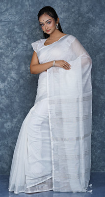 tantial Self Design Handloom Cotton Silk Saree(White)