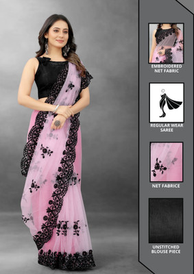 Barkiya Creation Embroidered Bollywood Net Saree(Pink)