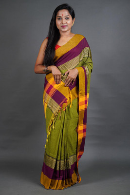 GOURISAREE Temple Border Tant Cotton Blend Saree(Light Green)