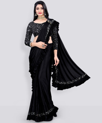 Divastri Solid/Plain Bollywood Lycra Blend Saree(Black)