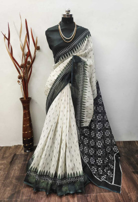 VAKHARIYAFAB Digital Print, Self Design Bollywood Cotton Linen, Linen Saree(White, Black)