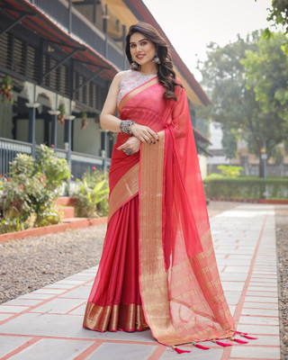 VISVASTA Solid/Plain Bollywood Chiffon, Jacquard Saree(Red)