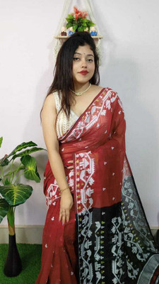 Rnn Saree Embroidered Jamdani Cotton Silk Saree(Red, Black)