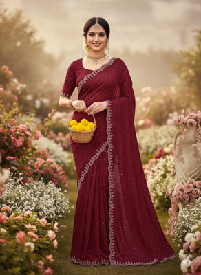 DUDHANE TRADING CORPORATION Embroidered, Embellished, Self Design Bollywood Silk Blend Saree(Maroon)