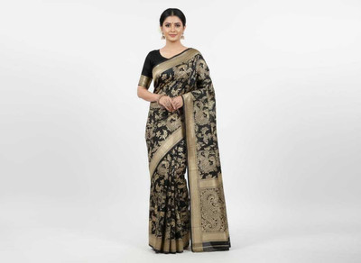 Radha Silk Saga Woven Baluchari Silk Blend Saree(Black, Gold)