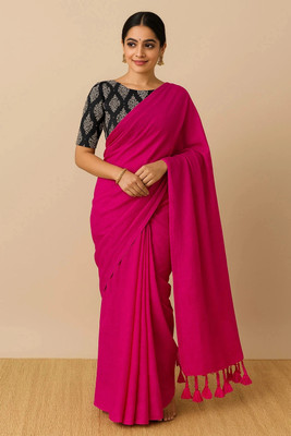 SMRITI HANDLOOM Solid/Plain Daily Wear Handloom Pure Cotton Saree(Pink)