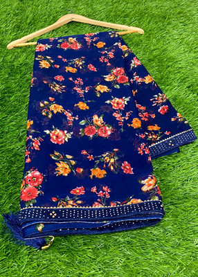 ZENFAB THREADS Floral Print Bollywood Georgette Saree(Blue)