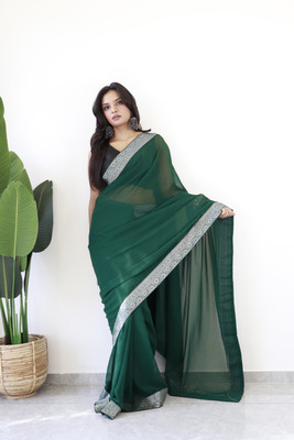 VISVASTA Solid/Plain Bollywood Chiffon, Silk Blend Saree(Dark Green)