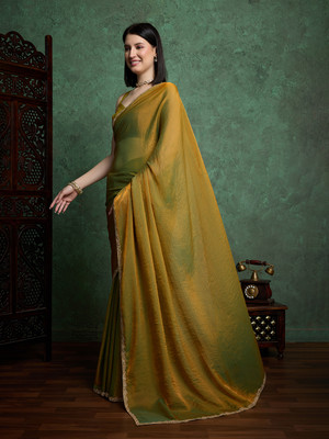 Dhimahi Solid/Plain Bollywood Chiffon Saree(Gold)