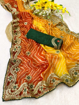kastbhanjan nx Embroidered, Printed Leheria Georgette Saree(Orange, Yellow)