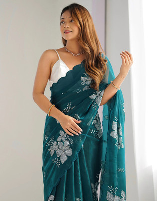 Satrani Embellished, Embroidered Bollywood Jimmy choo, Chiffon Saree(Dark Green)