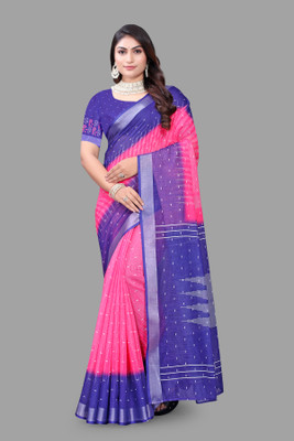 MARUTI NANDAN CHOICE Printed Daily Wear Linen Saree(Blue, Pink)