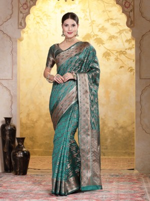 Stylum Geometric Print, Embellished Banarasi Organza Saree(Green)