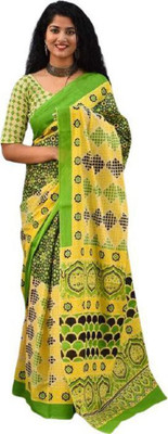 Clothonus Printed Ikkat Pure Cotton Saree(Green)