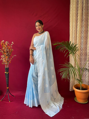 SGF11 Self Design Handloom Cotton Linen Saree(Light Blue)
