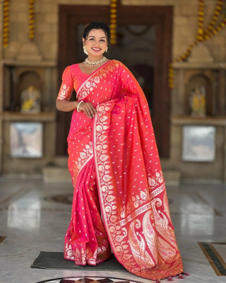 ROYAL JUNCTIONWEAR Woven, Floral Print, Paisley, Self Design Banarasi Art Silk Saree(Pink)