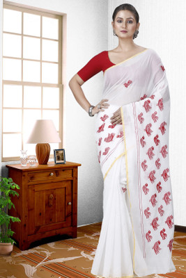 GitAsit Embroidered Handloom Cotton Blend Saree(White)