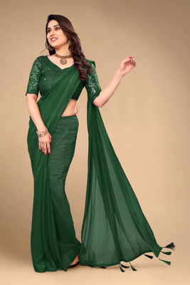 V AMAN FASHION Solid/Plain, Self Design Bollywood Georgette Saree(Dark Green)