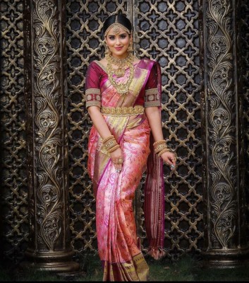 RIDHHI FASHION Woven Kanjivaram Jacquard, Pure Silk Saree(Pink)