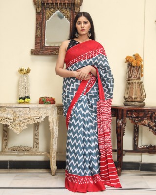 NIKHILAM Blocked Printed, Checkered, Printed, Dyed, Floral Print, Self Design, Digital Print Daily Wear Pure Cotton Saree(Grey, Red)