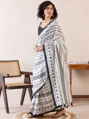 Tasrika Printed Pre Draped Saree Cotton Blend Saree(White)