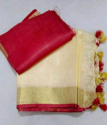 WEAVE TRENDS Solid/Plain, Woven Bollywood Dupion Silk Saree(Pack of 2, Cream, Red)