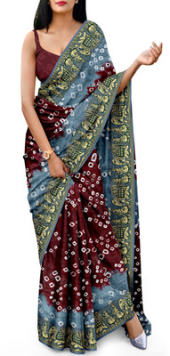 JERAVI Enterprise Self Design, Hand Painted Bandhani Art Silk Saree(Maroon, Grey)