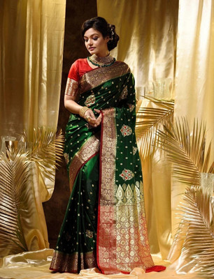 KanjiQueen Woven Banarasi Silk Blend, Pure Silk Saree(Green, Brown)