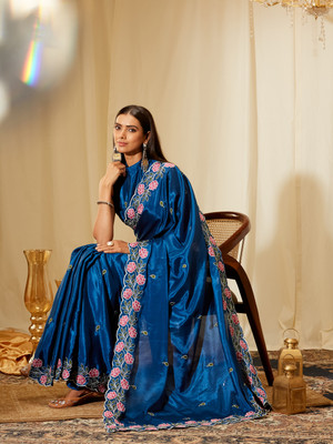 KASEE Embroidered Bollywood Chiffon Saree(Dark Blue)