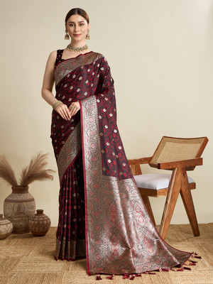 Yogik Creation Floral Print Banarasi Satin Saree(Maroon)