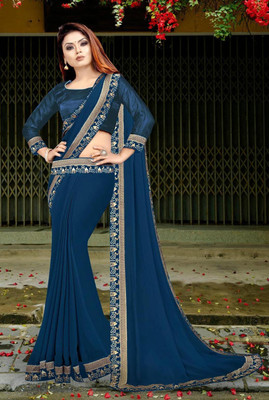 HNC Retail Temple Border, Solid/Plain Bollywood Lycra Blend, Chiffon Saree(Dark Blue)