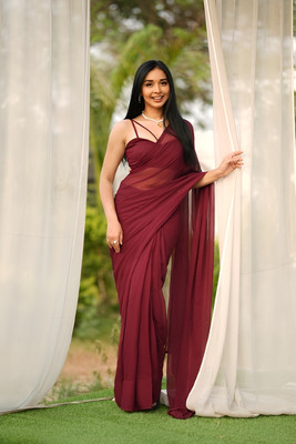 HouseOfCommon Solid/Plain Bollywood Georgette Saree(Maroon)