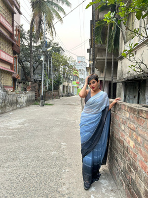 Moda Rapido Embellished, Striped Bollywood Satin Saree(Grey, Black)
