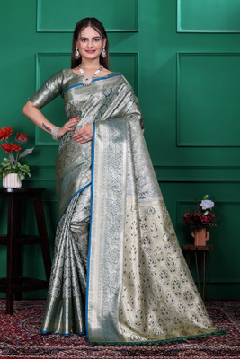 SHREE NATH CREATION Woven Dharmavaram Cotton Blend Saree(Green, Gold)